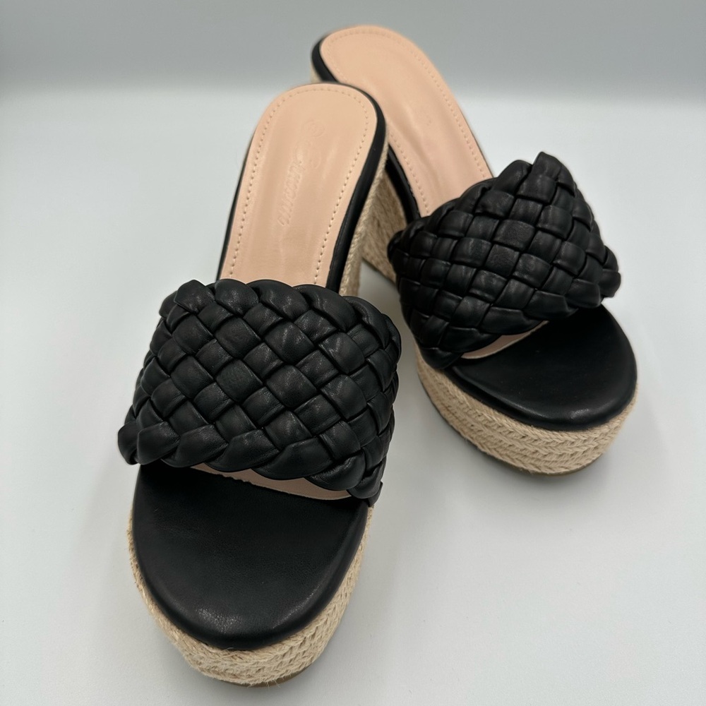 Black & Cream Braided Wedge Espadrille Platform Slides | Size 8 Summer Shoes